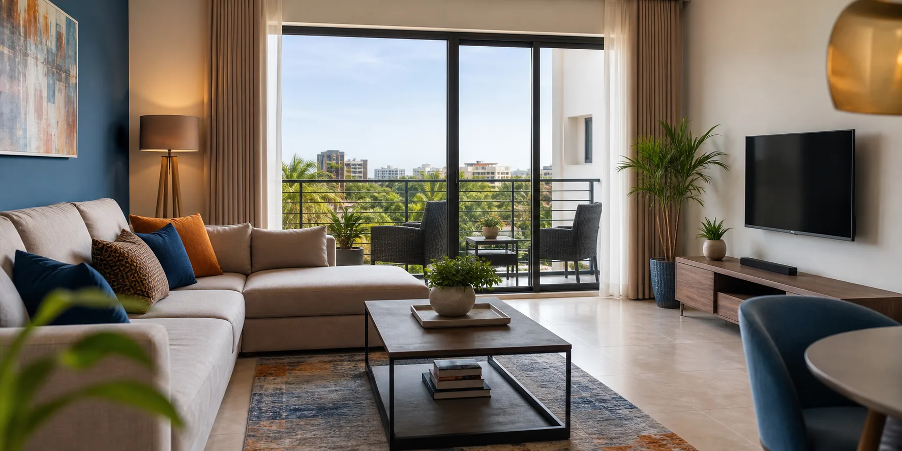 AI-generated premium short-stay apartment interior with warm hospitality styling