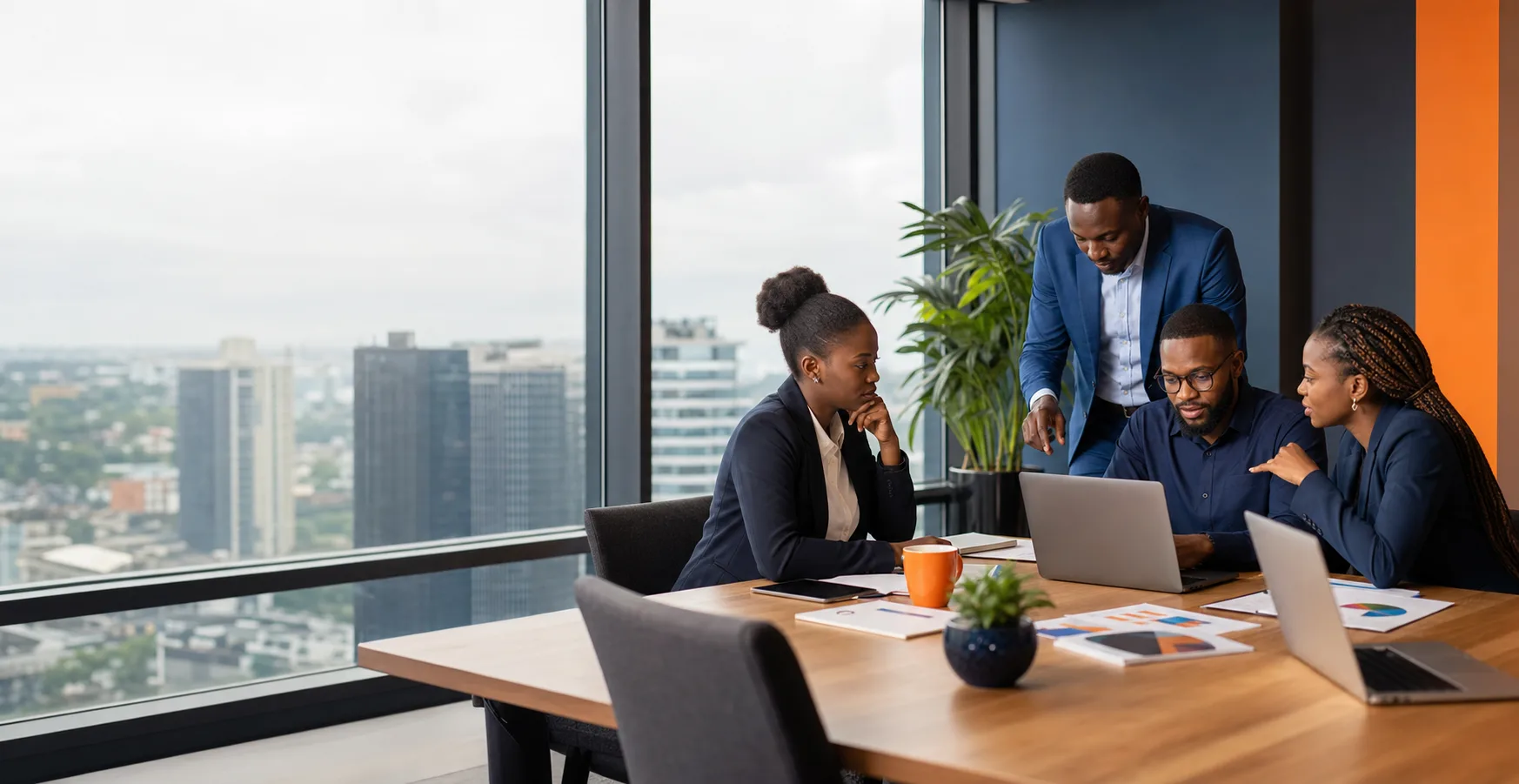 AI-generated African sales team reviewing commercial activity in a modern office